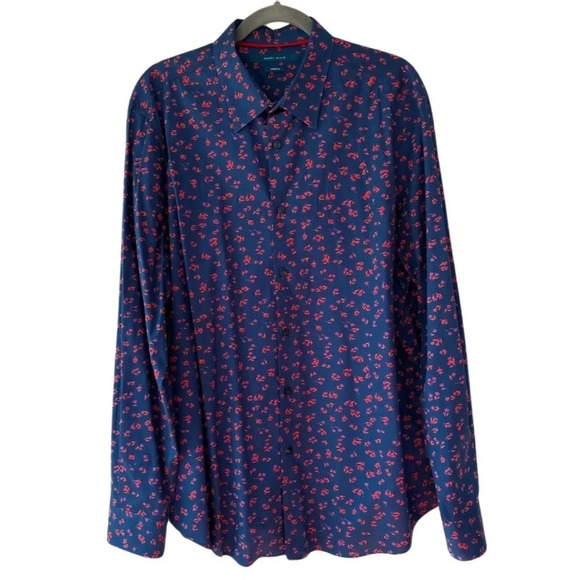 Perry Ellis, Stretch Slim Fit Floral Pattern Button-down Shirt, Navy Blue, Pink - Picture 3 of 12
